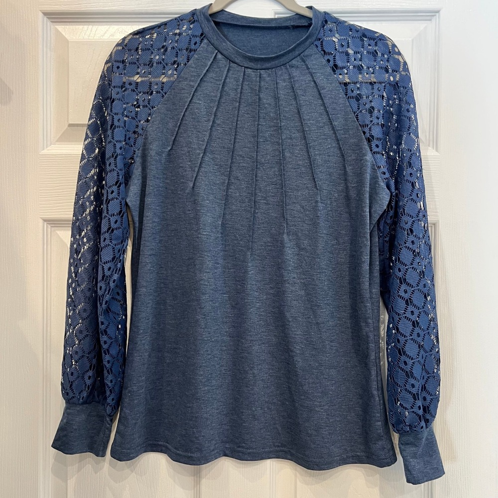 SHEIN Blouse Polyester Blend Jersey Knit Lace Romantic Blue Cottagecore L